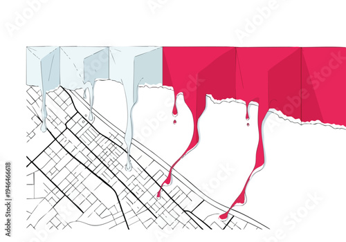 Urban Decay. Abstract Cityscape. Torn Paper Texture. Red and Blue.