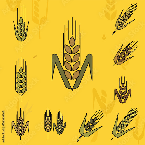 Collection of Wheat or Grain Icons on Yellow Background