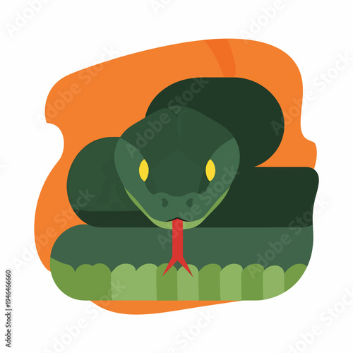 Green Snake with Red Tongue on Orange Background