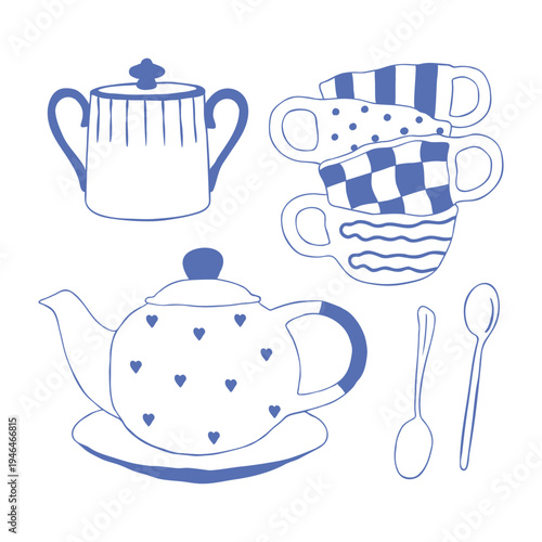 Whimsical hand drawn tea kitchen illustration with teapot, cups, spoon and sugar bowl in Mediterranean ceramic style. Cozy doodle composition perfect for cafe menu design, tea packaging and kitchen de