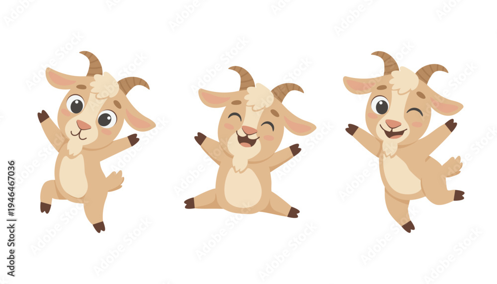 Obraz premium Cute baby goat character set happy cartoon farm animal vector illustration isolated on white background