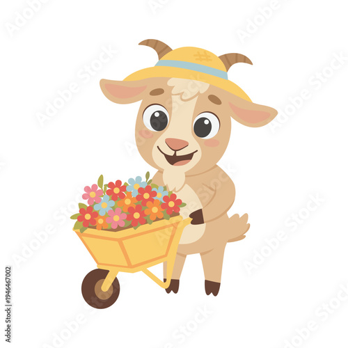 Cute baby goat with wheelbarrow full of flowers gardening cartoon vector illustration isolated on white background