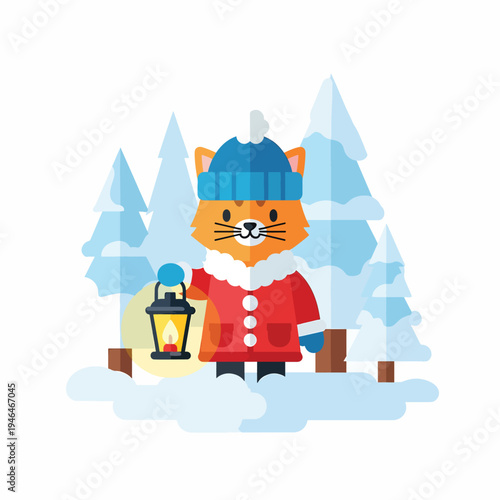 Cute Cat with Lantern in Winter Forest