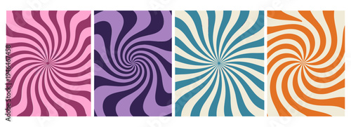 Swirl Retro Groovy Pattern. Psychedelic Wavy Vector Background. Abstract Funky Spiral and Radial Sun Burst Bg Set.