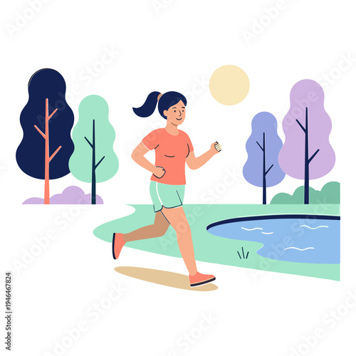 Woman runs actively in a serene park environment with trees and a pond.