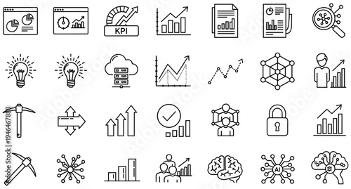 Black and white line icons collection illustrating data analysis, business intelligence, cloud computing, artificial intelligence, innovation, teamwork, and security concepts
