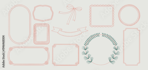 decoration border with fir tree branches, bow, ribbon in vintage whimsical doodle style for poster, placards, invitations. New Year design holiday frame vector illustration set.