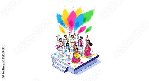 Illustration of people celebrating Holi festival with colored powder and traditional sweets on a stack of books with a vibrant and festive mood.