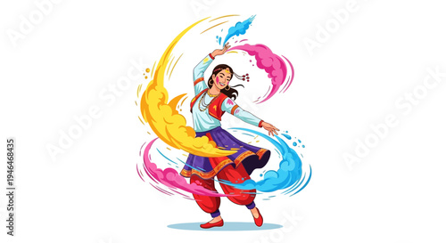 Vector illustration of a young woman dancing joyfully with colorful swirling powder in a vibrant, celebratory scene for Holi festival, Indian spring celebration.