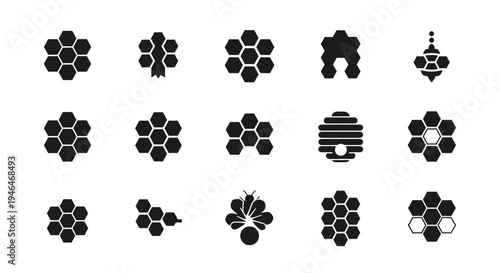 Collection of black honeycomb and bee icons on white background varying designs and shapes symbolizing industry and community