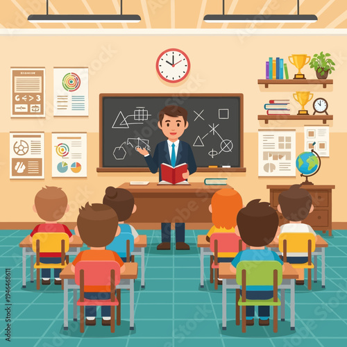 Teacher instructing students in a classroom setting.