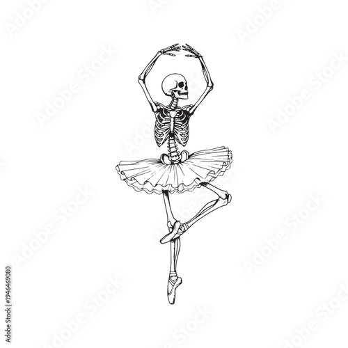Artistic Skeleton Ballerina Dancing in Tutu Line Art Illustration