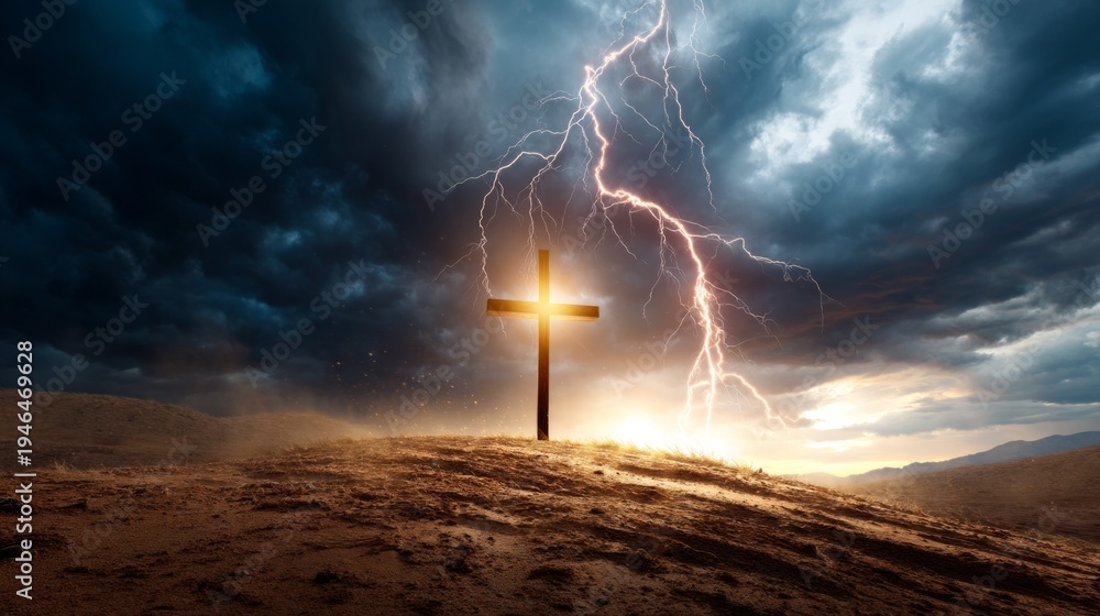 Fototapeta premium Shining Cross on a Desolate Hillside Under Dark Stormy Skies