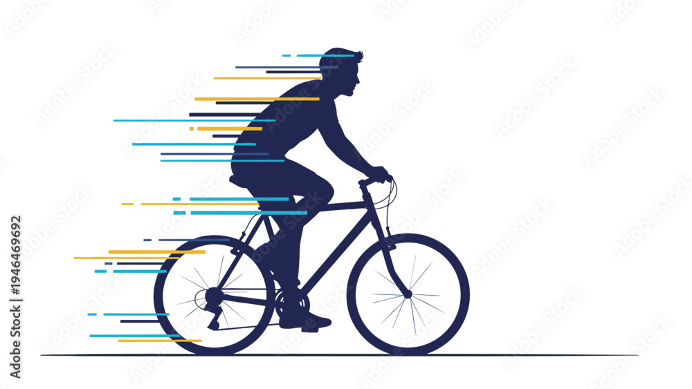 Obraz premium Dynamic silhouette of a male cyclist riding a bicycle at high speed, with motion lines indicating rapid movement, symbolizing sport and quick travel.