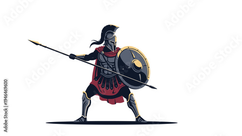 Powerful Spartan warrior in full armor, holding a spear and shield in a ready stance, embodying ancient strength, courage, and battle readiness.