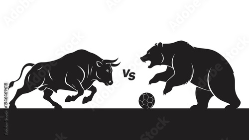 Powerful bull and an aggressive bear facing each other over a soccer ball, symbolizing market competition, financial struggle, or sport rivalry.