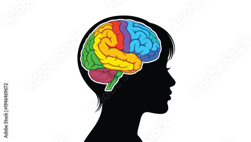 Silhouette of a woman's head with a colorful, anatomically detailed brain visible, representing mental health, intelligence, and cognitive function.