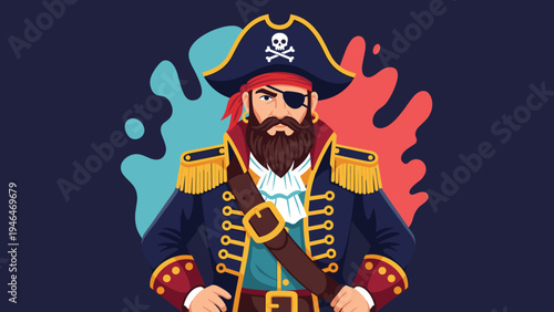 Adventurous pirate captain with a beard, eye patch, and traditional hat, standing confidently against a colorful abstract background, embodying buccaneer spirit.