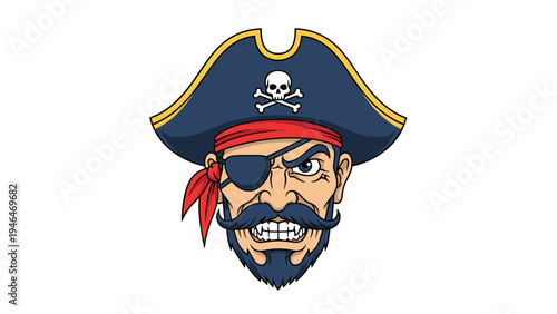 Aggressive pirate head mascot with a stern expression, eye patch, beard, and captain's hat, perfect for sports teams or adventurous branding.