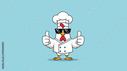 Stylish cartoon chicken chef wearing sunglasses and a toque, giving two confident thumbs-up gestures, embodying culinary excellence and a cool attitude.