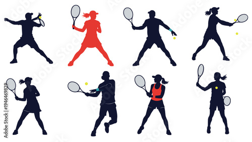Collection of diverse male and female tennis players in various action poses, depicted as dynamic silhouettes, representing sport, game, and athletic activity.