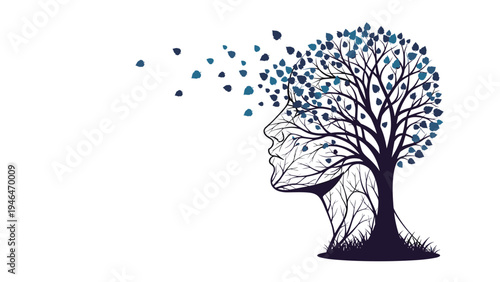 Creative abstract illustration depicting a tree with blue leaves forming the silhouette of a human head, symbolizing environmental thought.