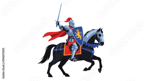 Valiant medieval knight in shining armor riding a horse, holding a sword and shield, ready for battle.