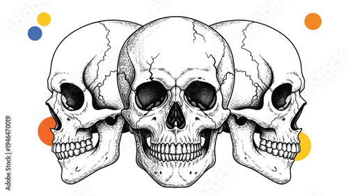 Trio of detailed human skulls in a vintage engraving style, with colorful abstract circles in the background, representing mortality.