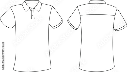 Men’s short sleeve polo shirt flat sketch, front and back view, vector fashion cad template with button placket and collar.