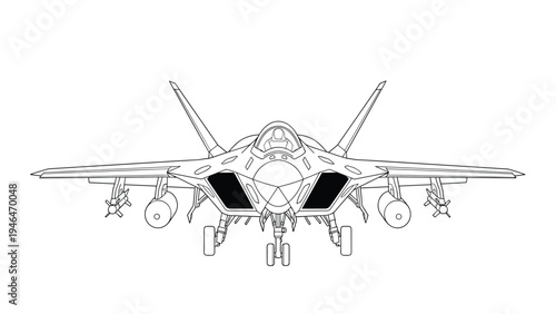 Detailed black and white outline drawing of a modern stealth fighter jet, showcasing advanced military aviation technology.