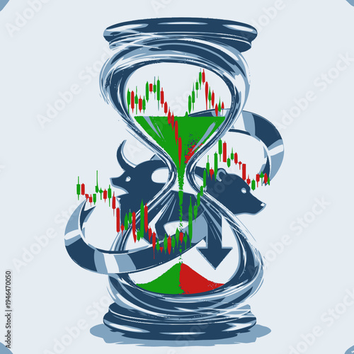 Hourglass illustration symbolizing financial market volatility and investment over time, with dynamic stock charts, a bullish bull, and a bearish bear