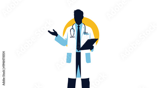 Professional doctor silhouette wearing a lab coat and stethoscope, holding a clipboard, ready to offer medical advice.