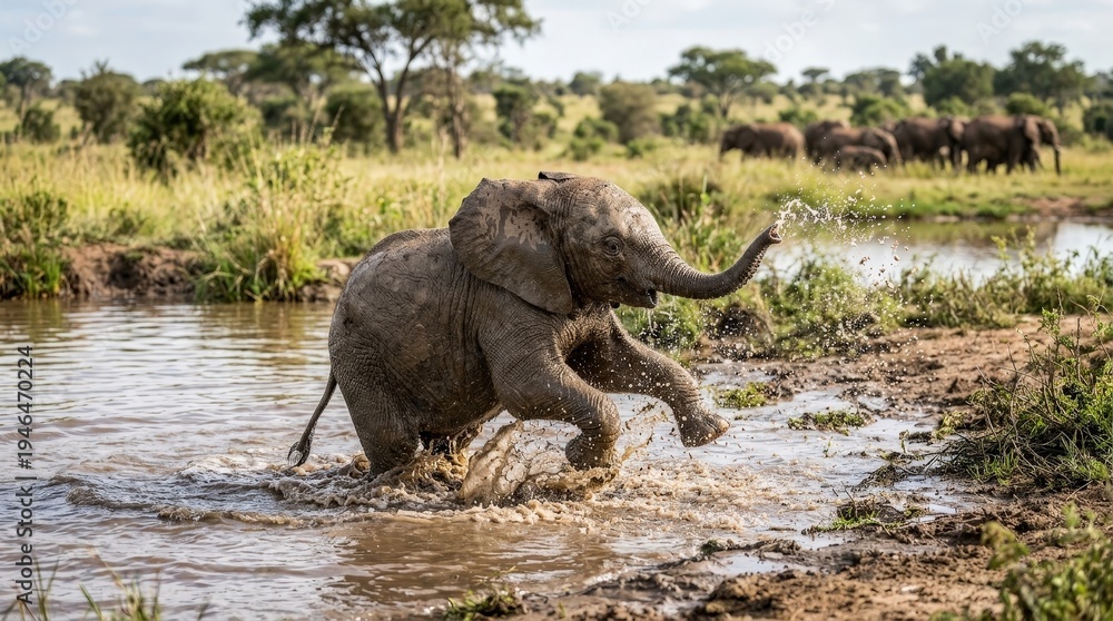 Fototapeta premium Playful Baby Elephant Bathing in Water at Savannah Oasis on a Bright and Sunny Day