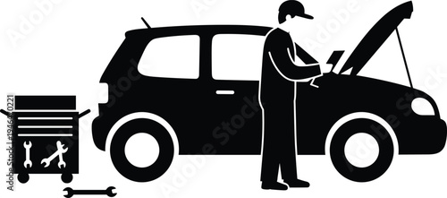 mechanic, repair, toolbox, car, service, wrench, auto, garage, silhouette, engine, maintenance, worker, tools, workshop, vehicle