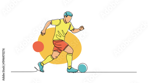 Dynamic continuous one-line drawing of a soccer player dribbling the ball, showcasing movement and athletic prowess.