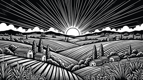 Stunning vintage engraving landscape of a rustic rural village at sunrise, with fields, houses, and rolling hills.