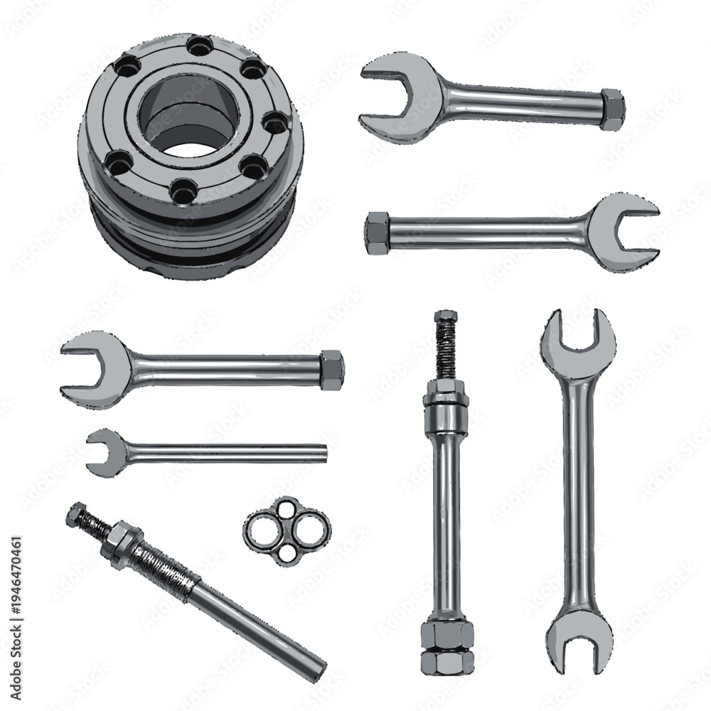 Obraz premium Comprehensive collection of essential industrial wrenches, diverse mechanical components, and hardware for manufacturing and maintenance applications, isolated on a clean white background