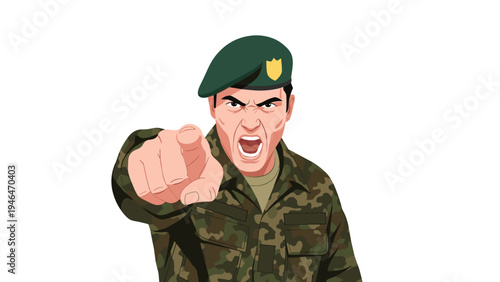 Angry military soldier in camouflage uniform pointing the finger directly at the viewer, with an intense and commanding expression.