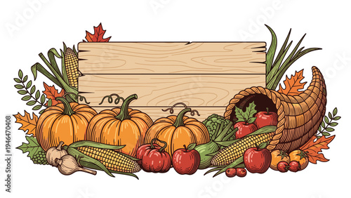 Abundant Thanksgiving cornucopia harvest frame with pumpkins, corn, apples, and autumn leaves around a wooden sign.