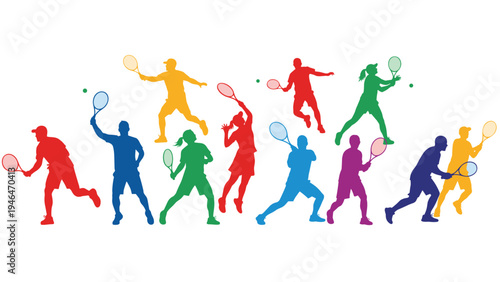 Dynamic silhouettes of various colorful tennis players in action, serving, rallying, and moving on the court.