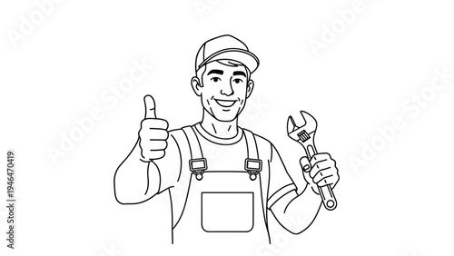Happy cartoon mechanic in overalls and cap, holding a wrench and giving a thumbs-up, symbolizing quality repair service.