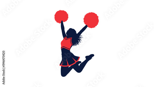 Energetic silhouette of a female cheerleader jumping high with pom-poms, symbolizing school spirit and sports support.
