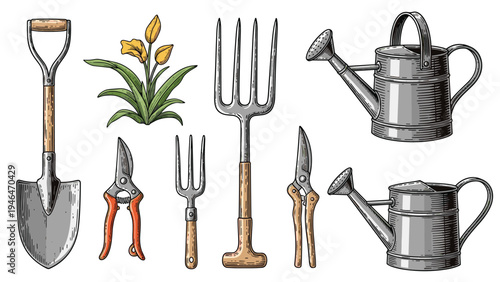 Collection of vintage engraving gardening tools including a shovel, pitchfork, pruning shears, and watering cans, with a plant.