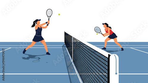 Two female tennis players in active poses on a blue court, mid-game during a dynamic and competitive match.