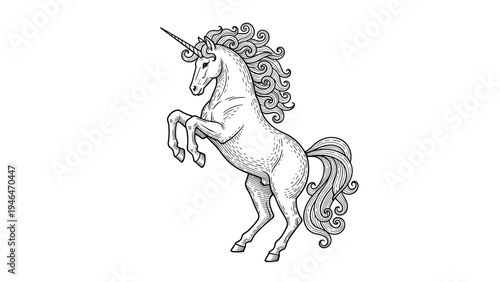 Majestic unicorn rearing up on its hind legs, with a flowing mane and tail, depicted in a classic vintage engraving style.