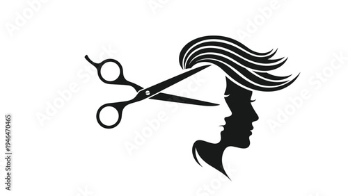 Stylish silhouette logo for a hair salon or barbershop, featuring a woman's profile and scissors cutting her hair.