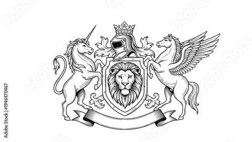 Elaborate vintage heraldic coat of arms featuring a lion, unicorn, Pegasus, crown, and shield, with a blank banner.