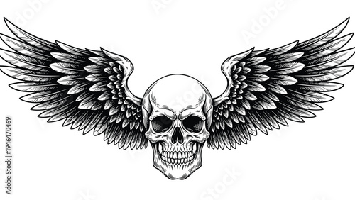 Detailed vintage engraving of a human skull with outstretched feathered wings, symbolizing death, freedom, or transcendence.