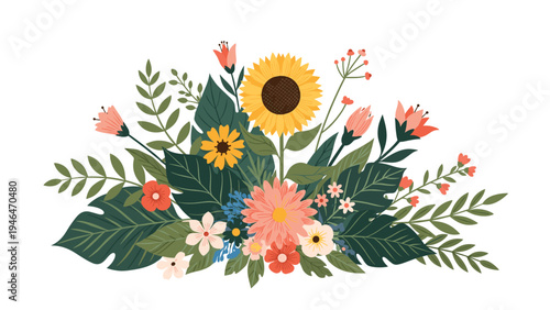 Vibrant and cheerful floral arrangement with sunflowers, various blossoms, and lush green leaves, ideal for spring and summer designs.