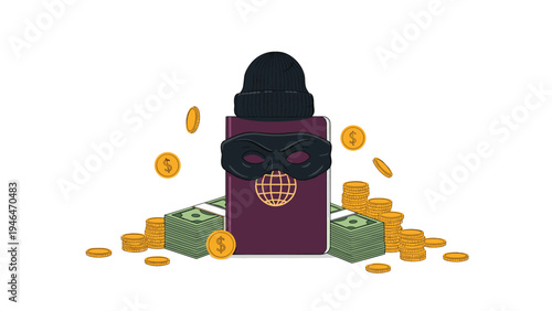 Illustration of a passport wearing a robber's mask and beanie, surrounded by stacks of money, symbolizing identity theft or fraud.